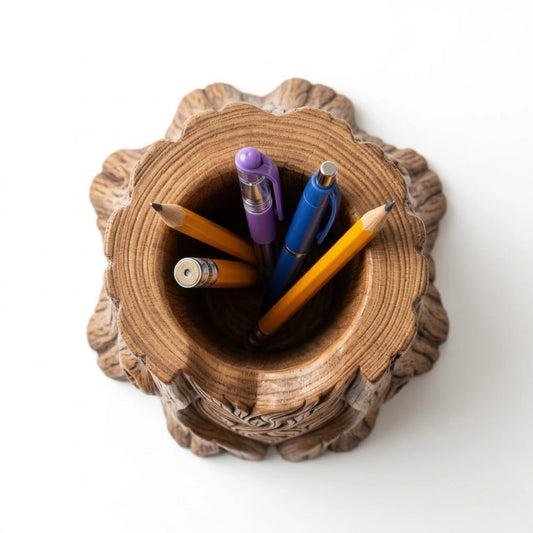 Zunik Carved Tree Stump Pen Holder with Leaf Design