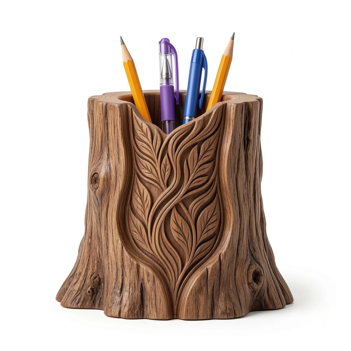 Zunik Carved Tree Stump Pen Holder with Leaf Design
