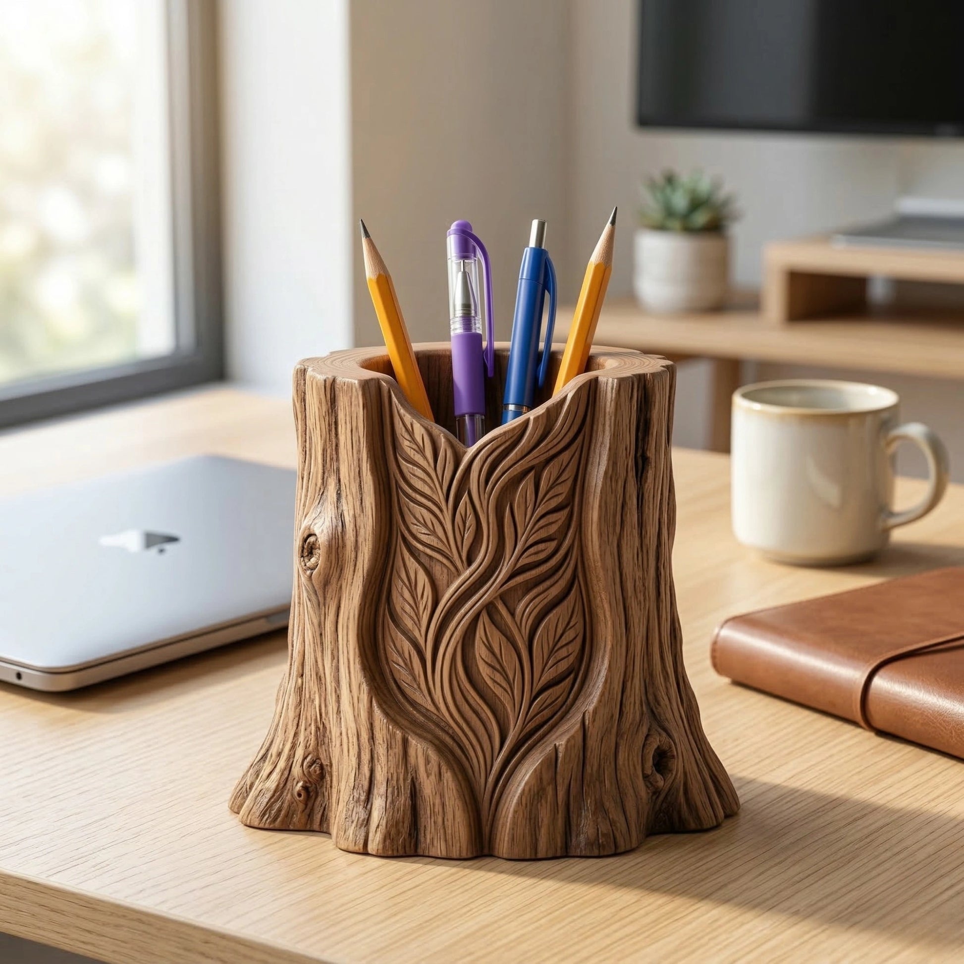 Zunik Carved Tree Stump Pen Holder with Leaf Design