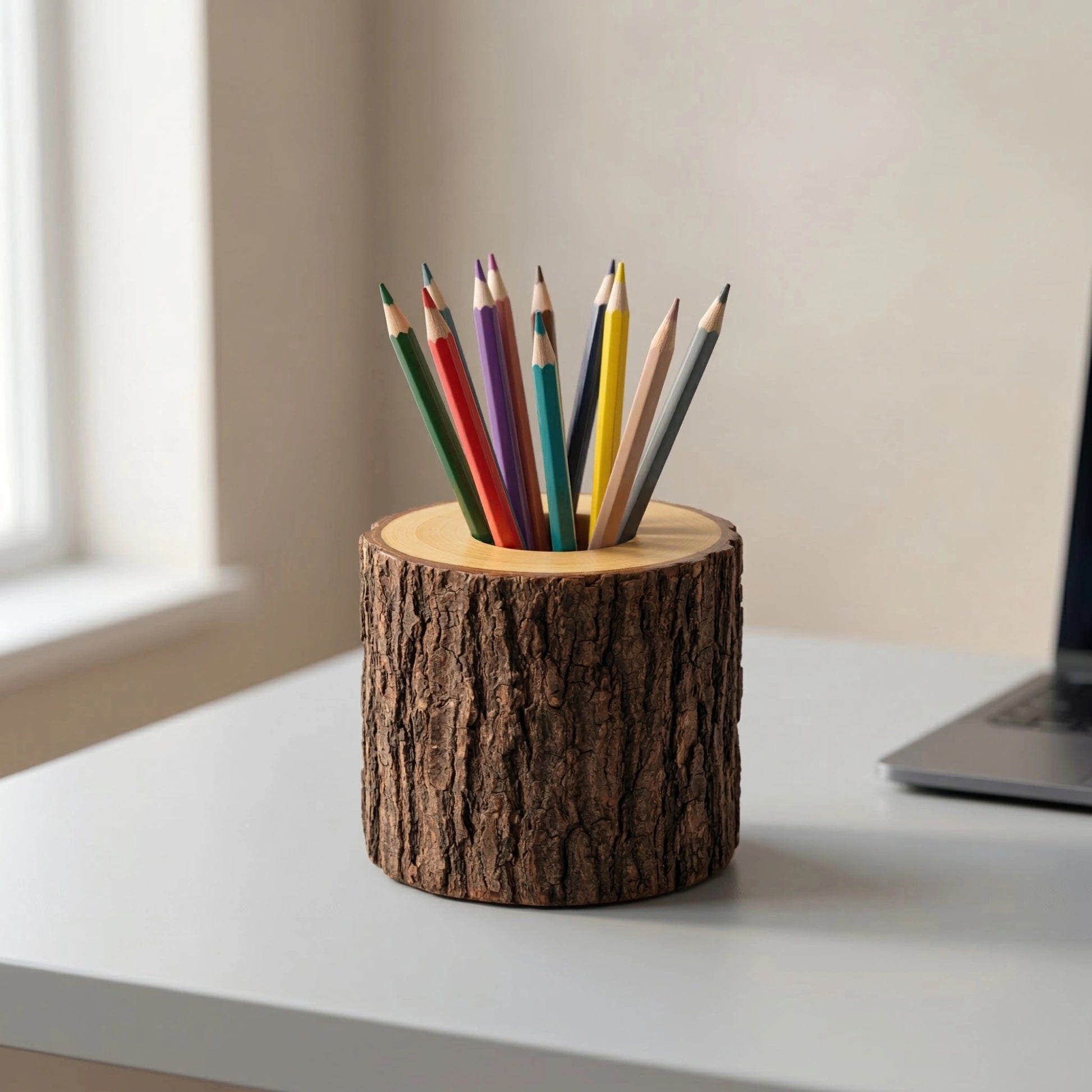 Zunik Natural Log Wooden Pen Holder with Authentic Bark