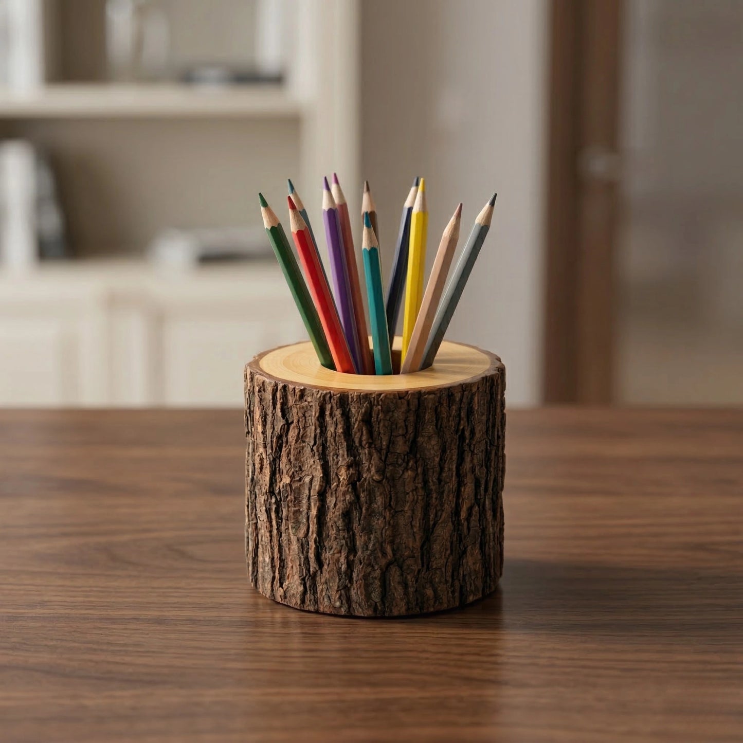 Zunik Natural Log Wooden Pen Holder with Authentic Bark